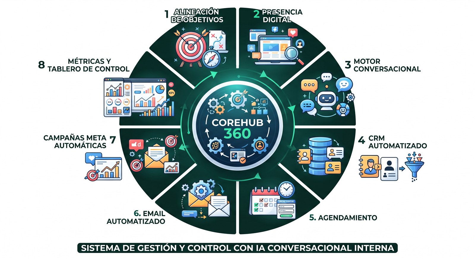 Los 8 pasos del modelo CoreHub 360: alineación de objetivos, presencia digital, motor conversacional, CRM automatizado, agendamiento, email automatizado, campañas Meta automáticas y métricas y tablero de control